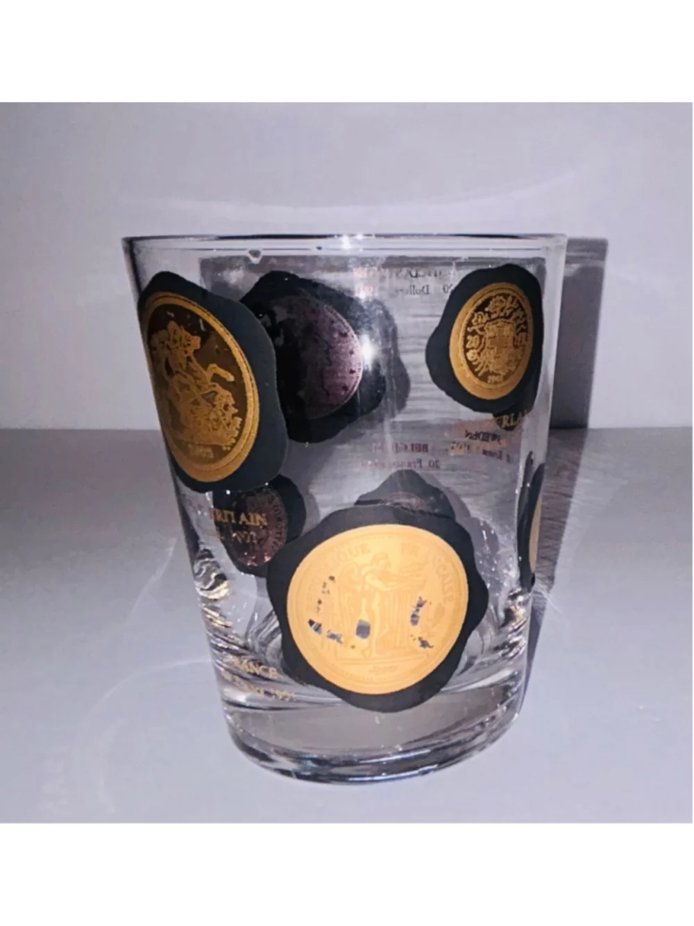 VTG Libbey 22k Gold “Coins Around the World” MCM Whiskey Glasses Set 6 Barware